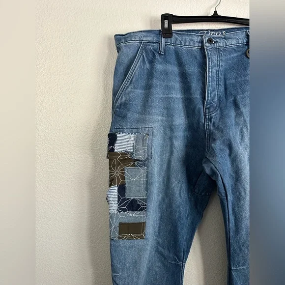 PRPS Indigo Miyagi Patchwork Cargo Denim Jeans Noir Bruised Never Broken Size 38